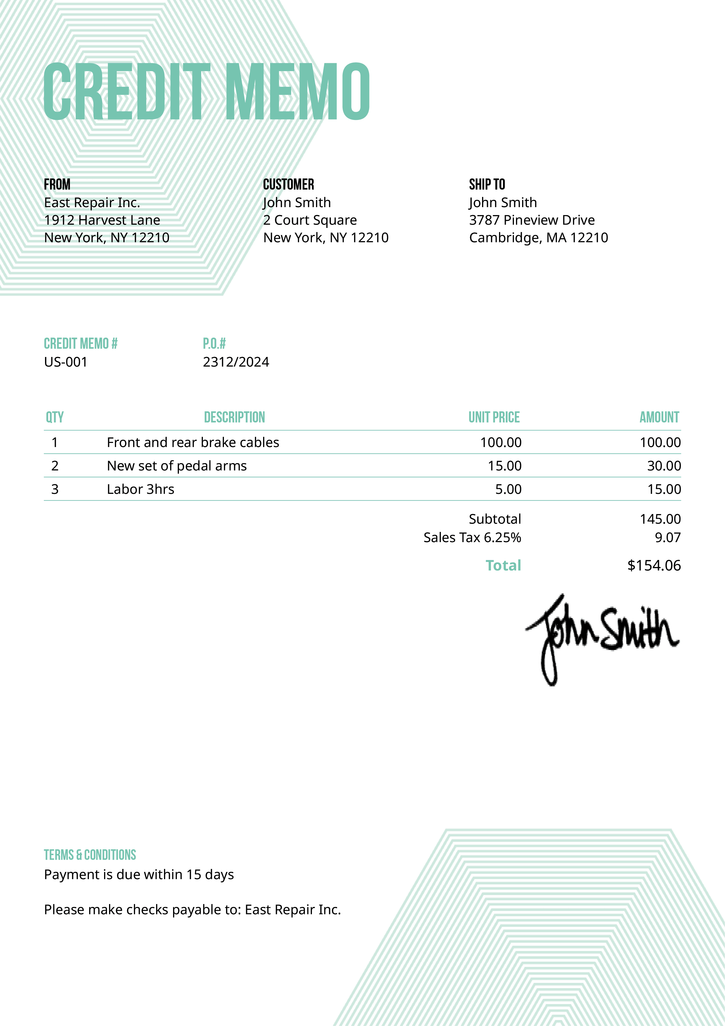 Credit Memo Template Us Hexagons Turquoise 