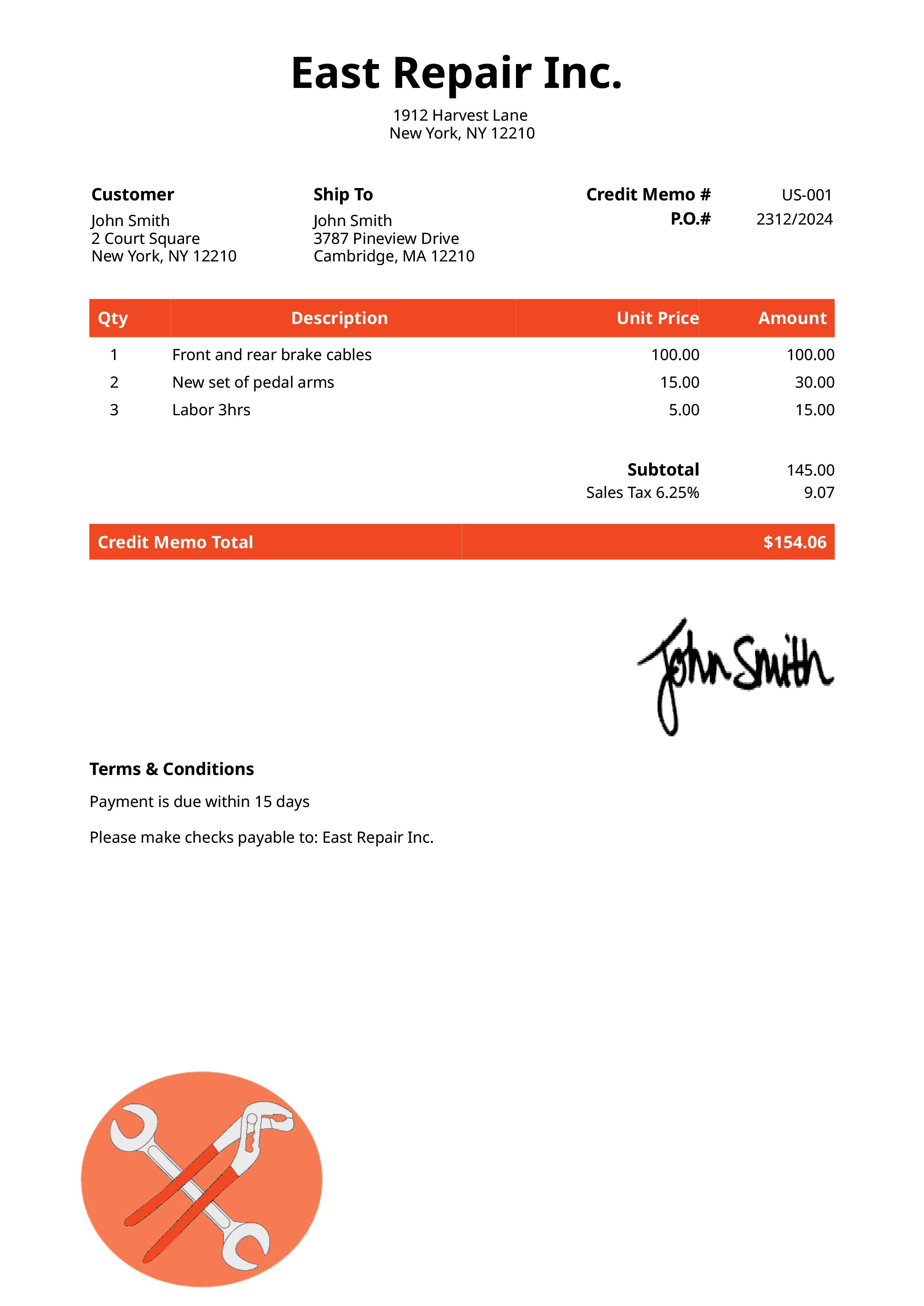 Credit Memo Template Us Mechanic Orange 