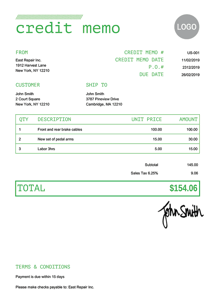 template for credit memo