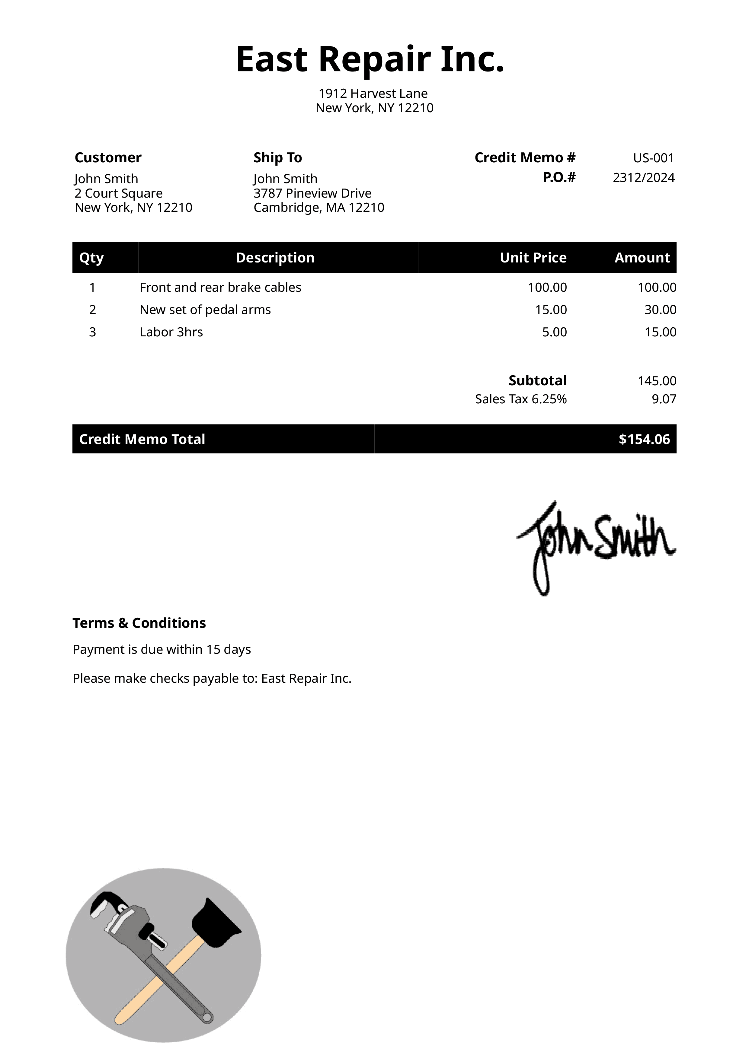 Credit Memo Template Us Plumber Black 