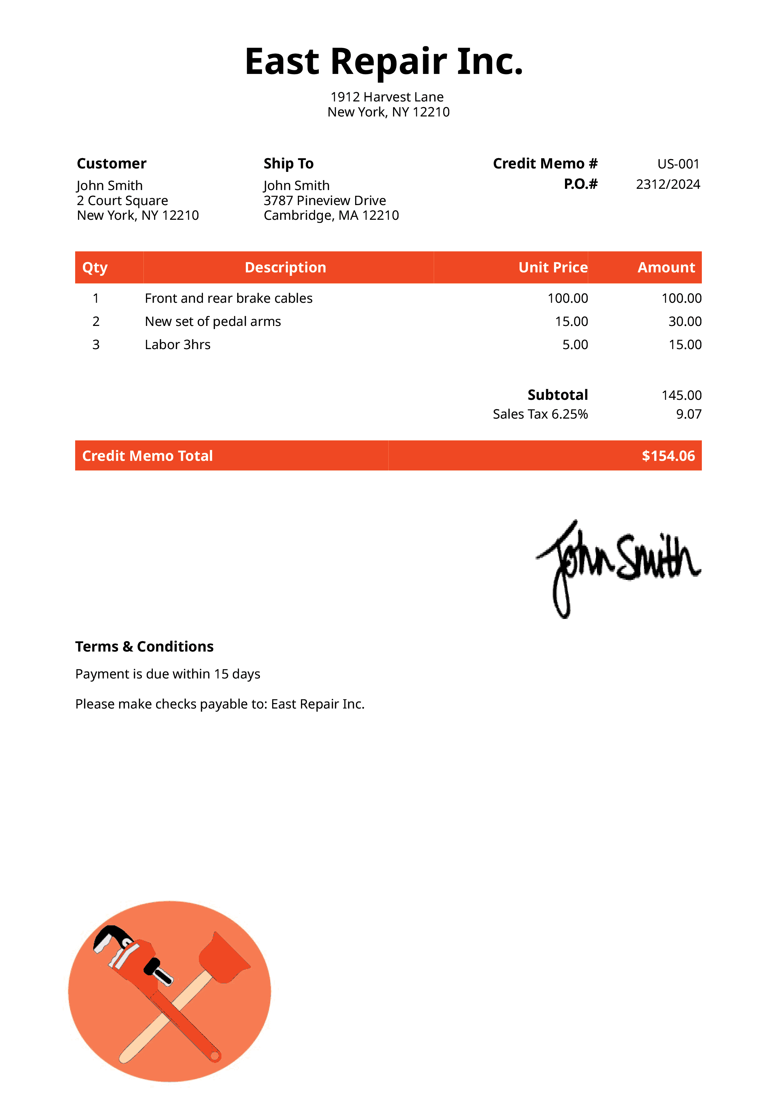 Credit Memo Template Us Plumber Orange 
