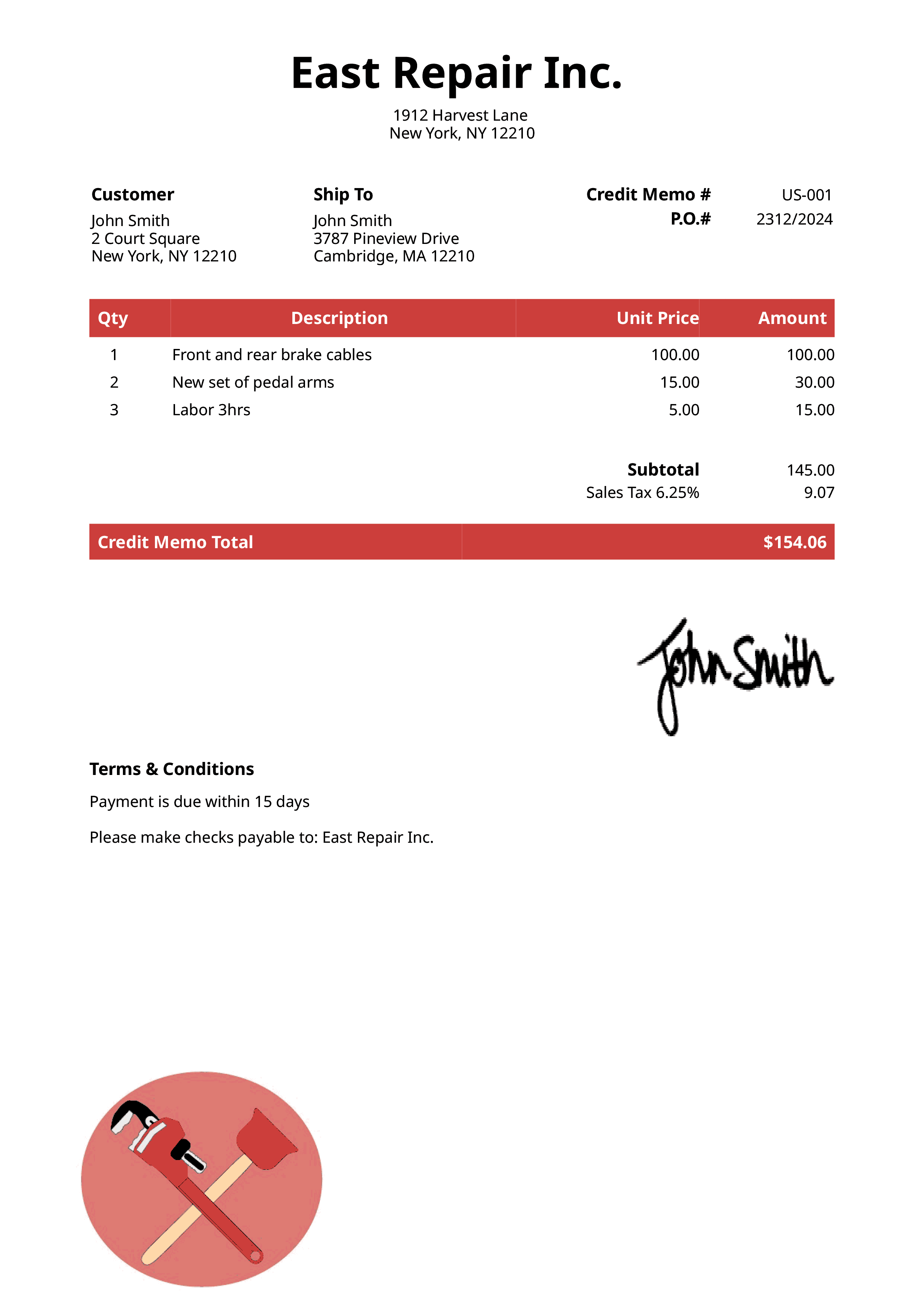 Credit Memo Template Us Plumber Red 
