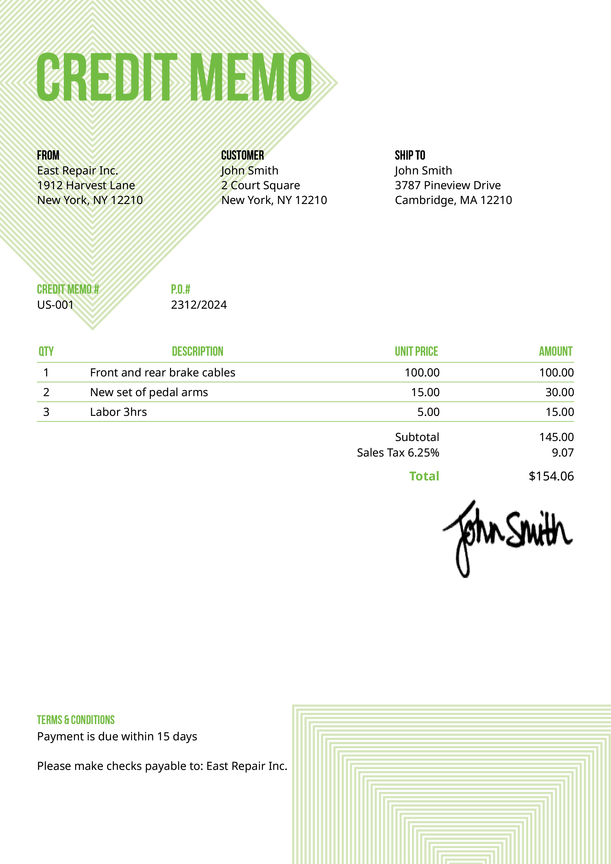 Credit Memo Template Us Squares Green 