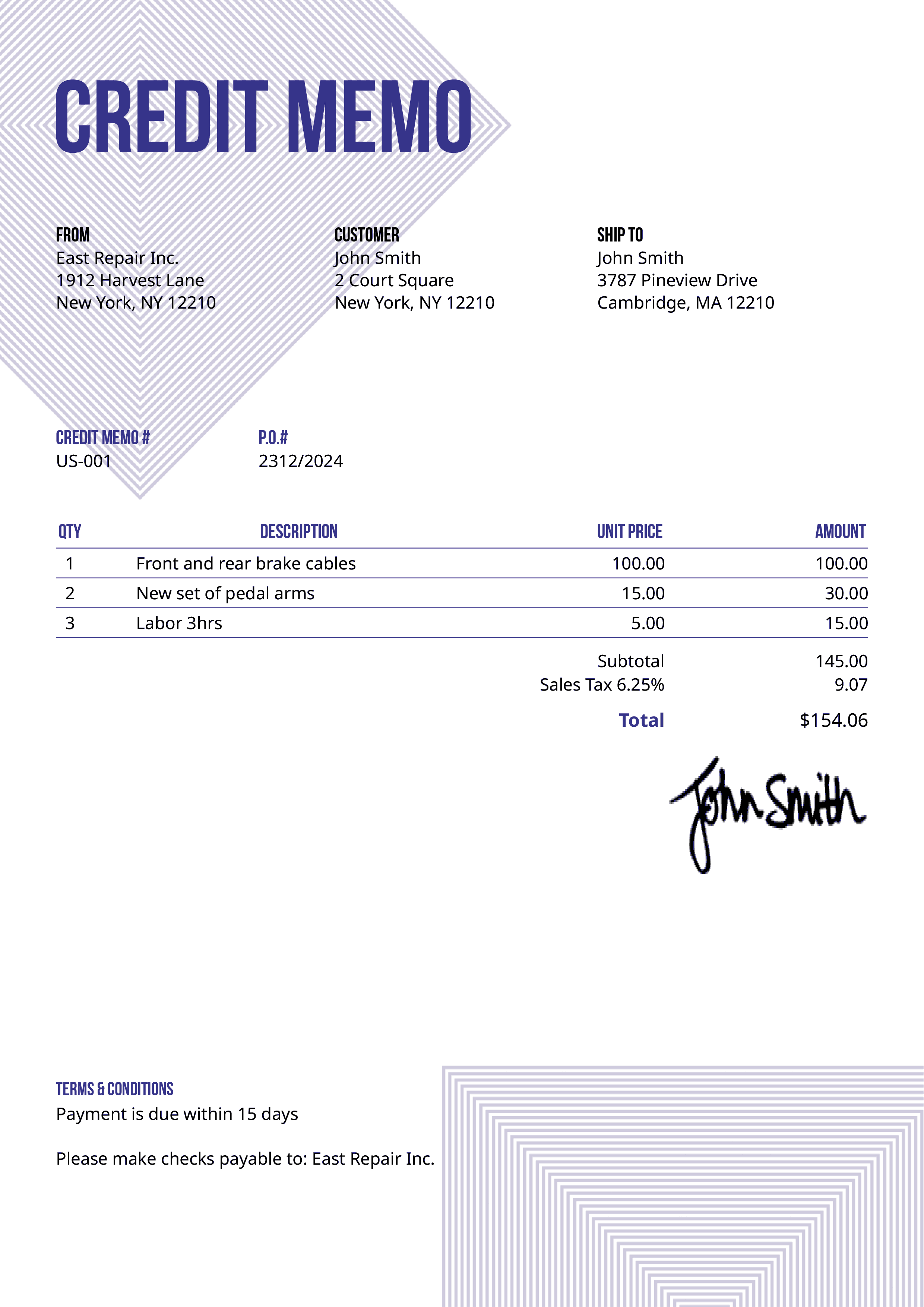 Credit Memo Template Us Squares Purple 