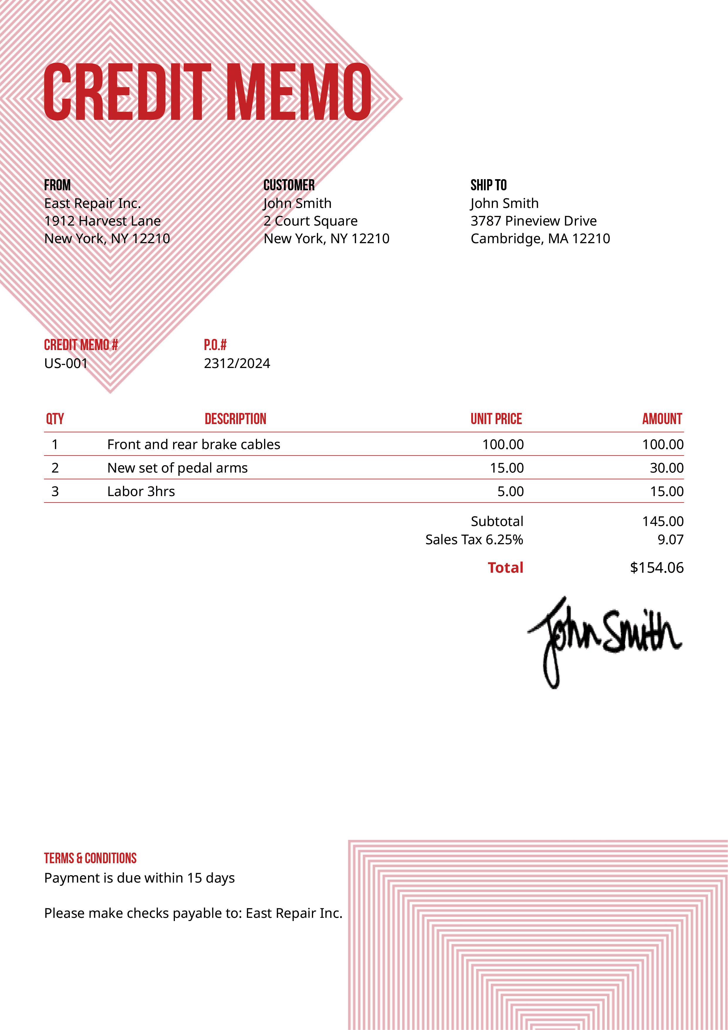 Credit Memo Template Us Squares Red 