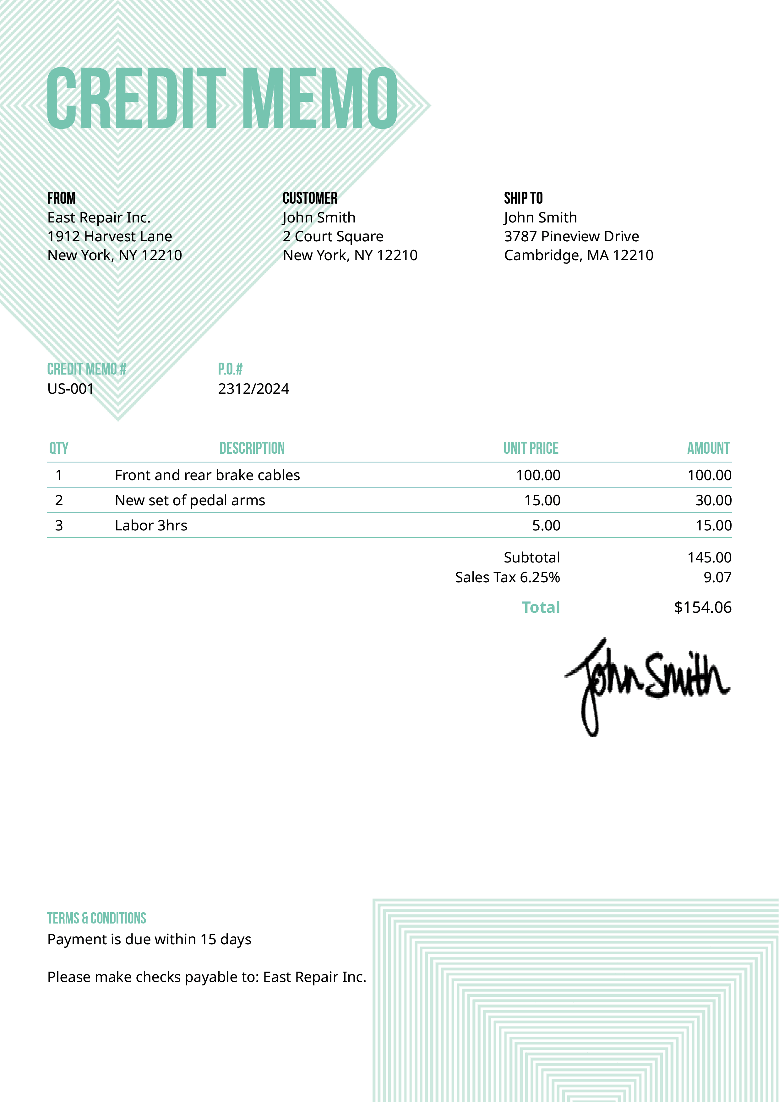 Credit Memo Template Us Squares Turquoise 