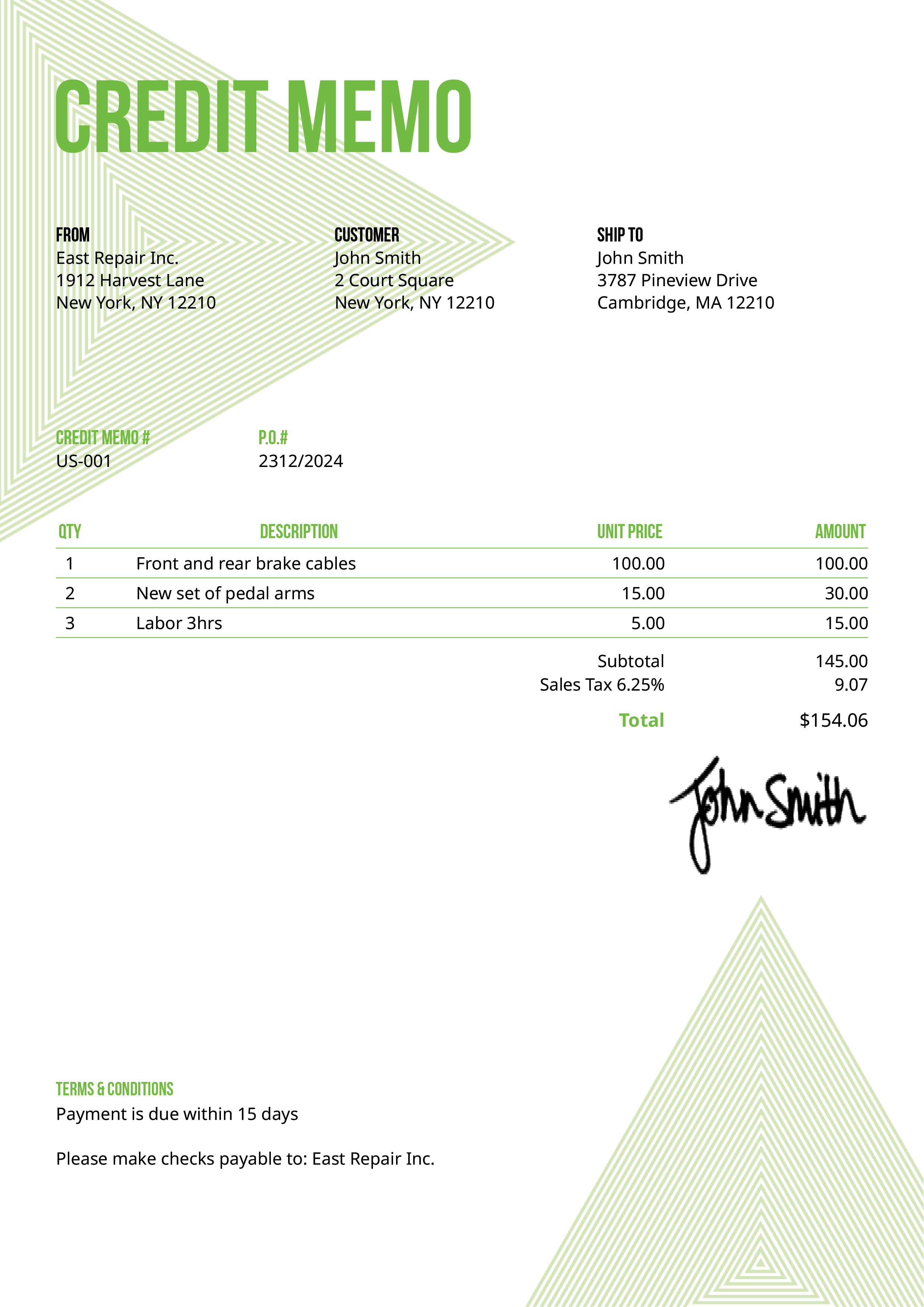 Credit Memo Template Us Triangles Green 