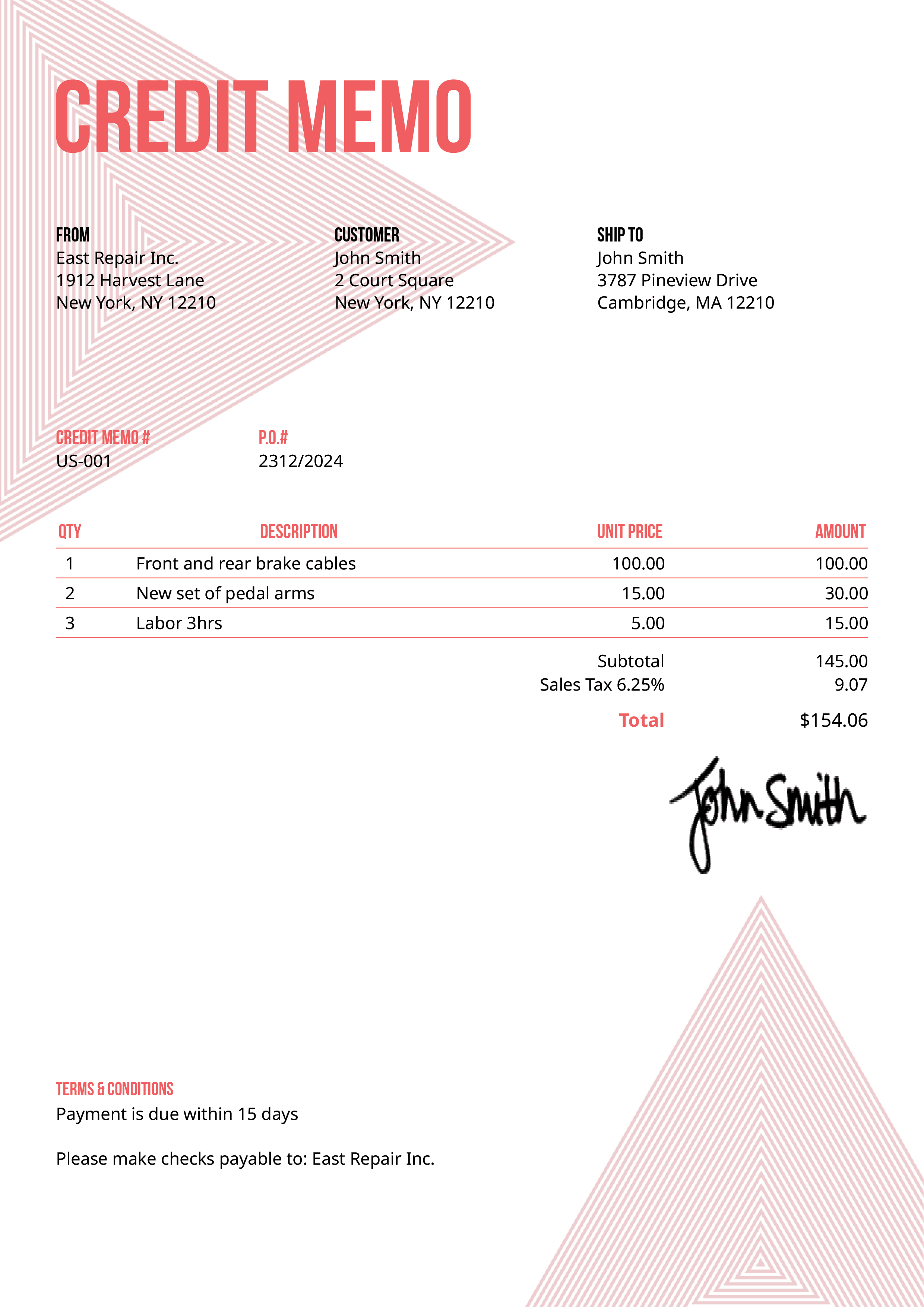 Credit Memo Template Us Triangles Pink 