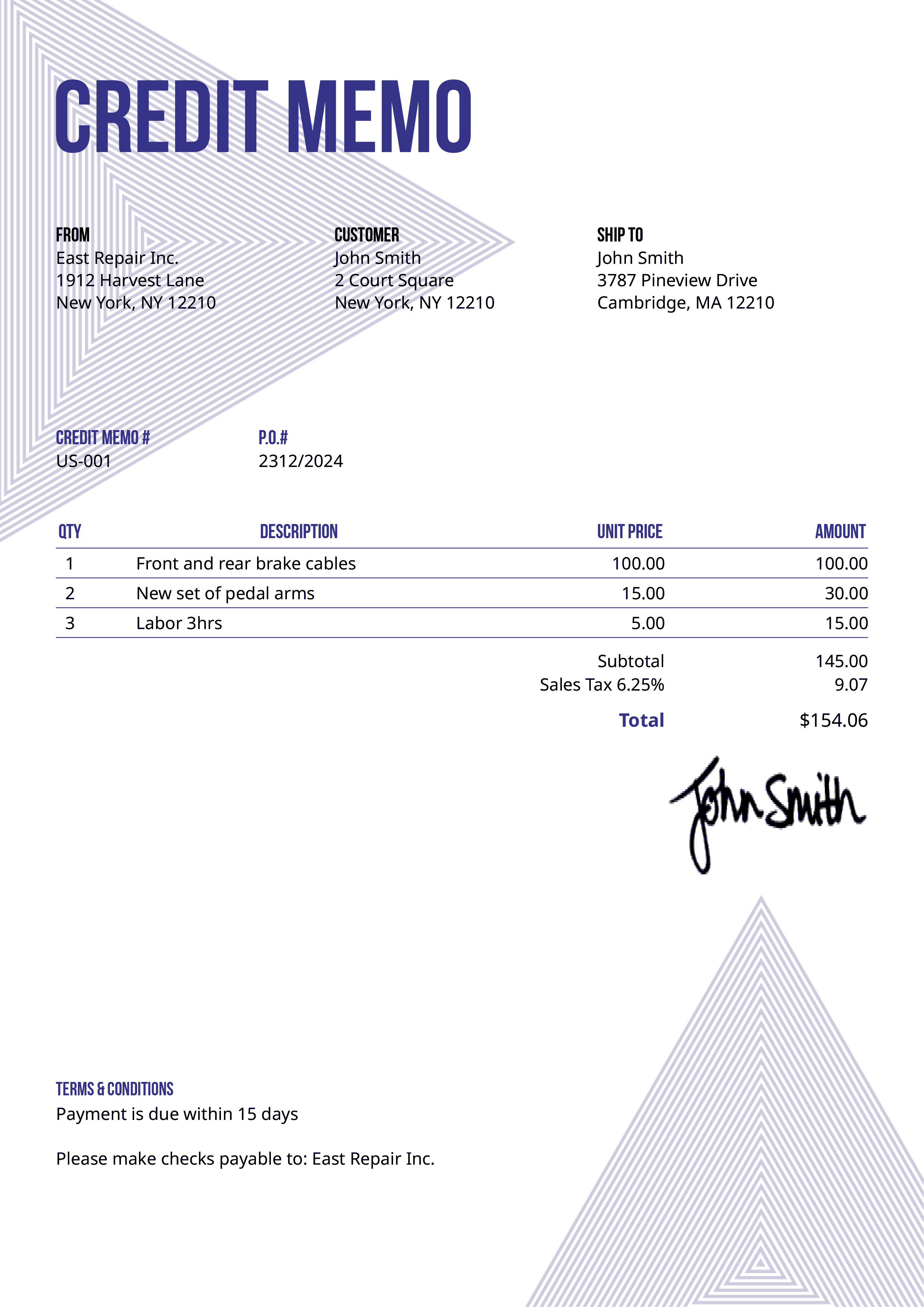 Credit Memo Template Us Triangles Purple 