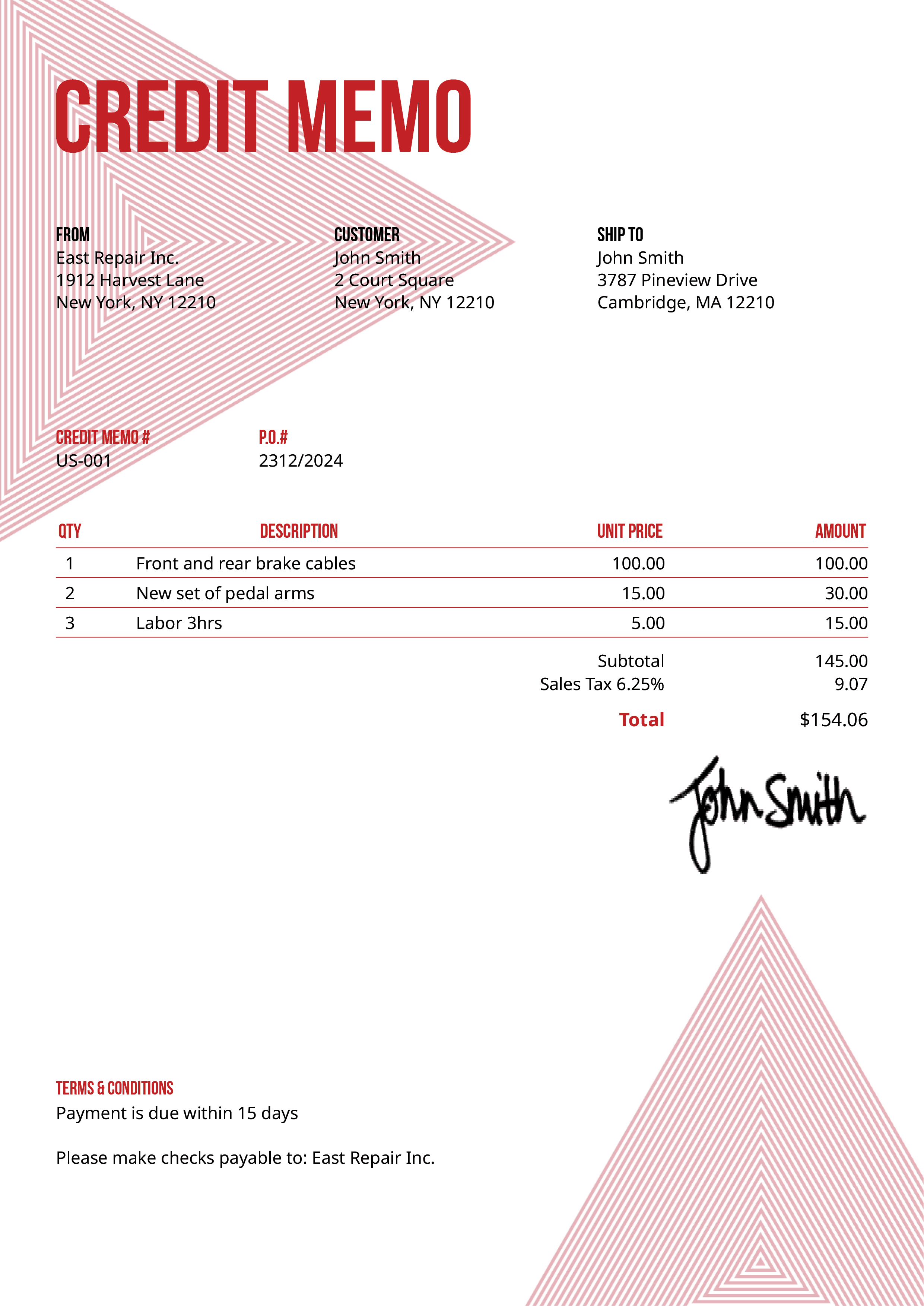 Credit Memo Template Us Triangles Red 