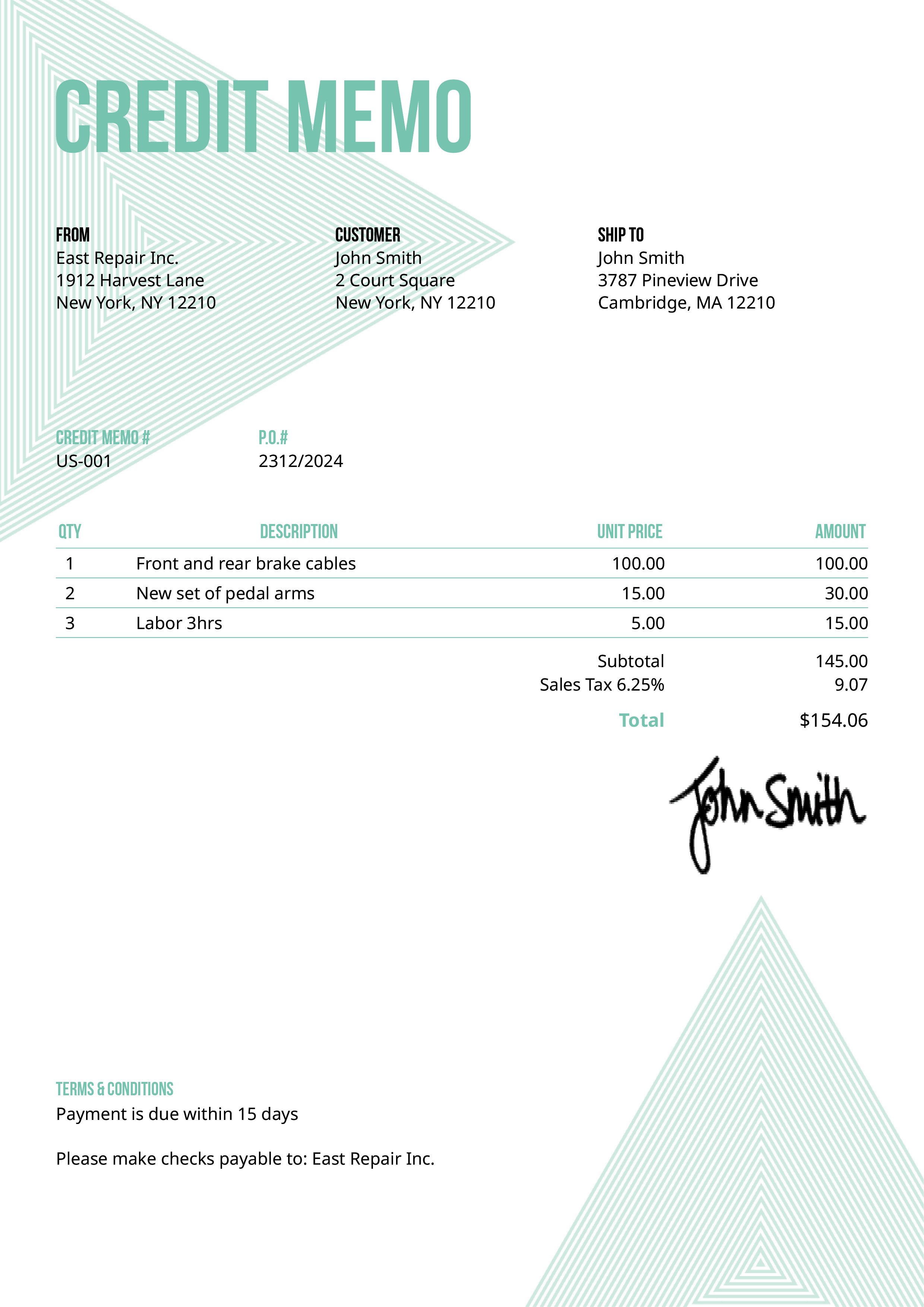 Credit Memo Template Us Triangles Turquoise 