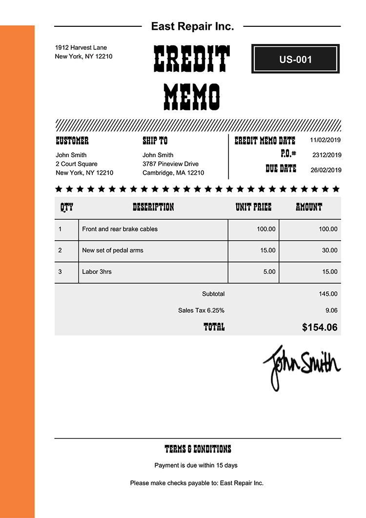 Credit Memo Template Us Western Orange 