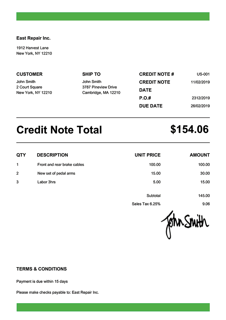 Credit Note Template Us Band Green 