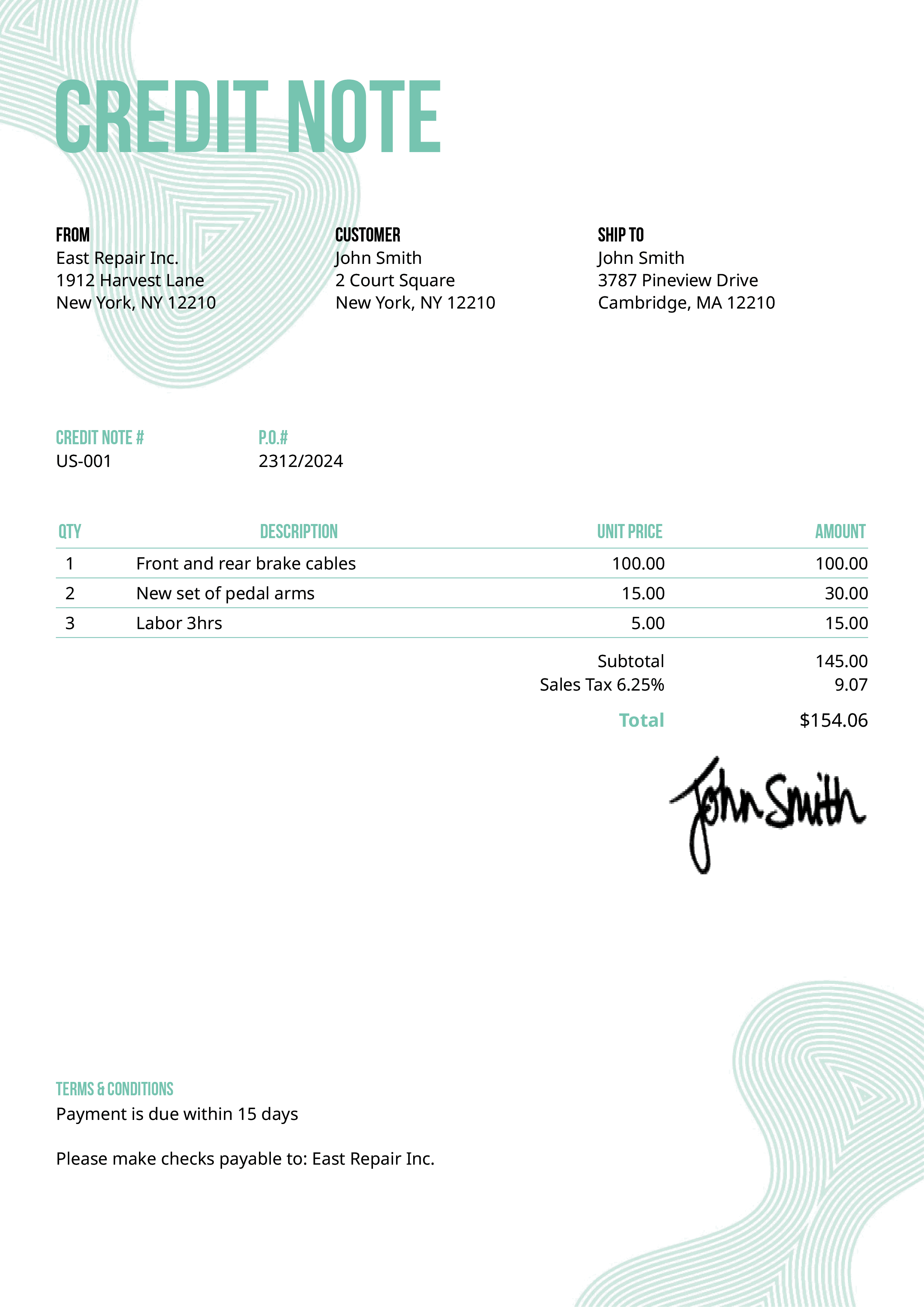 Credit Note Template Us Blobs Turquoise 