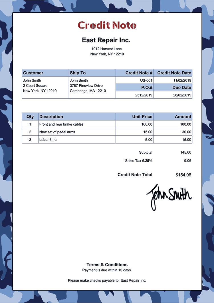 Credit Note Template Us Camo Blue 