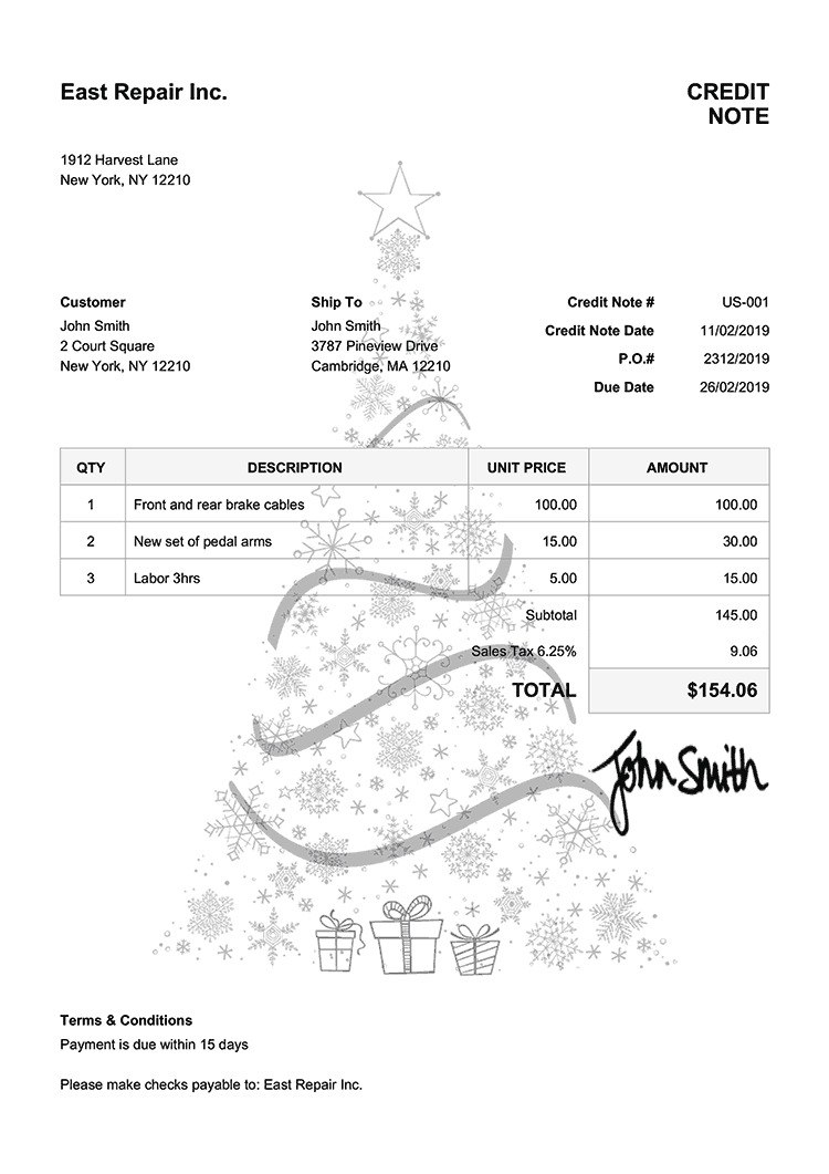 Credit Note Template Us Christmas Tree Black 