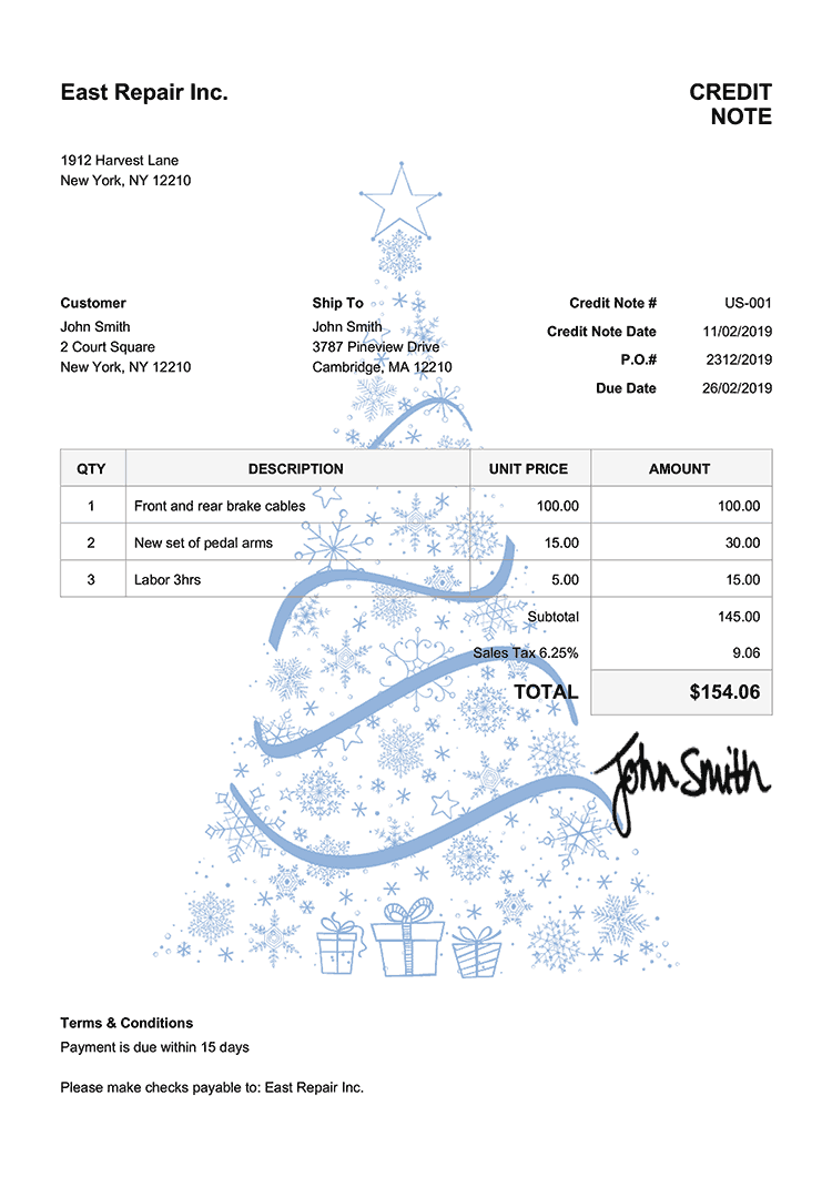 Credit Note Template Us Christmas Tree Blue 