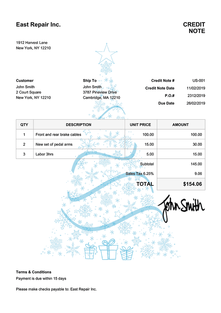Credit Note Template Us Christmas Tree Light Blue 