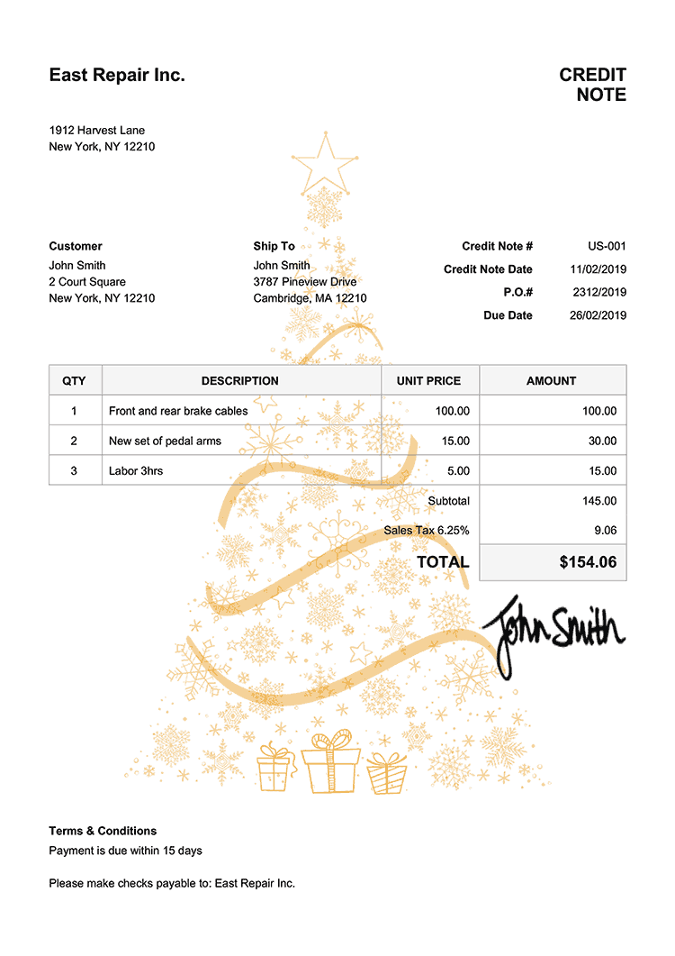 Credit Note Template Us Christmas Tree Yellow 
