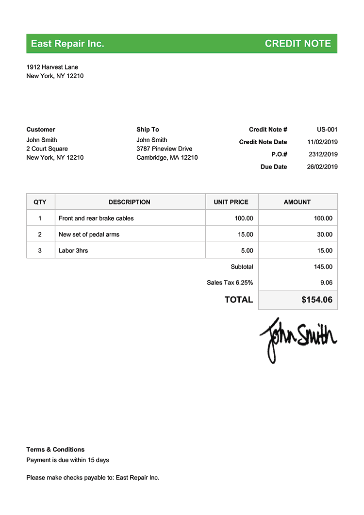 Credit Note Template Us Classic Green 