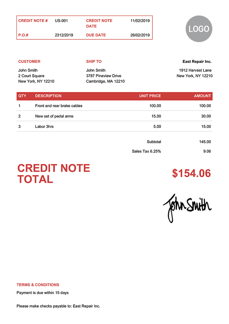 Credit Note Template Us Clean Red 