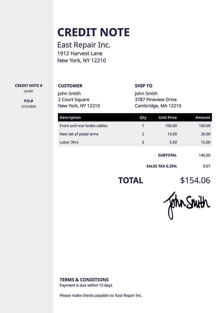 Credit Note Template Us Column Black 
