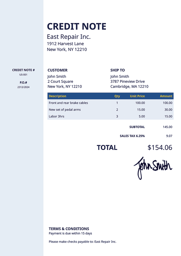 Credit Note Template Us Column Blue 