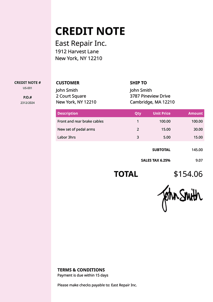 Credit Note Template Us Column Pink 