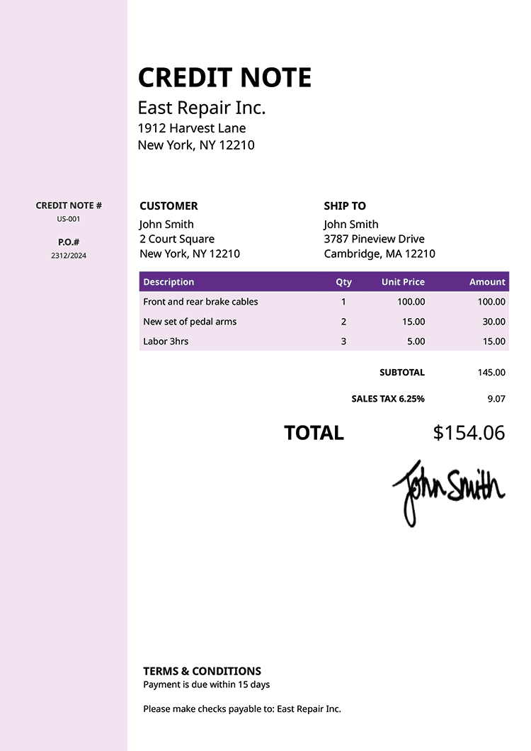Credit Note Template Us Column Purple 