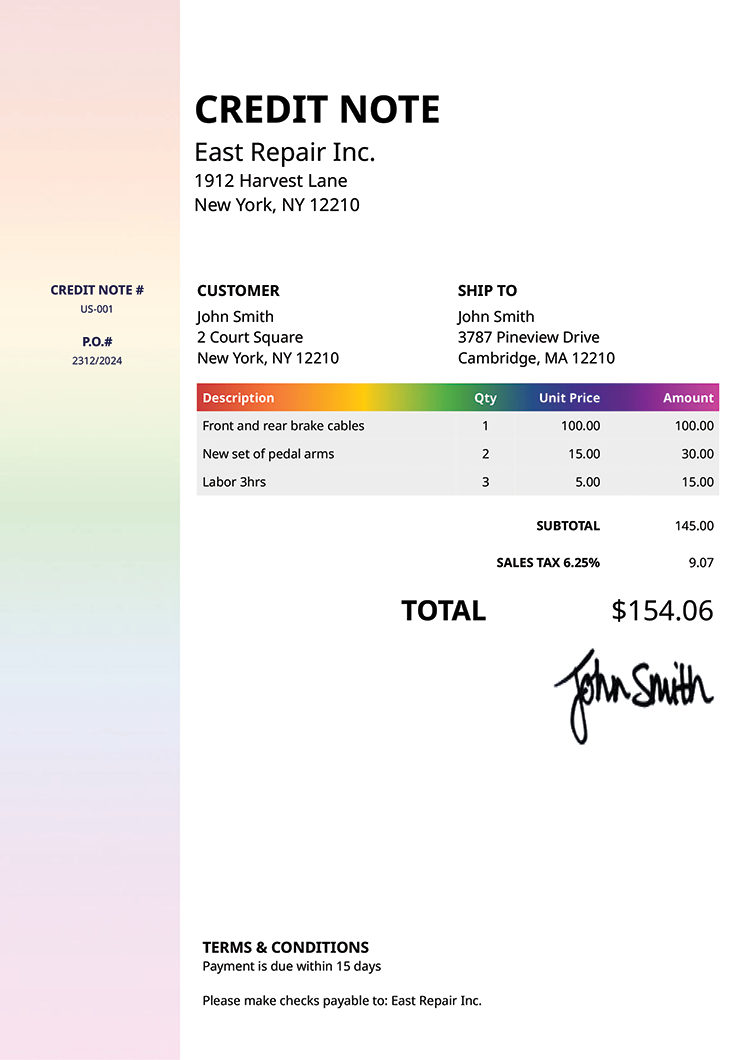 Credit Note Template Us Column Rainbow 