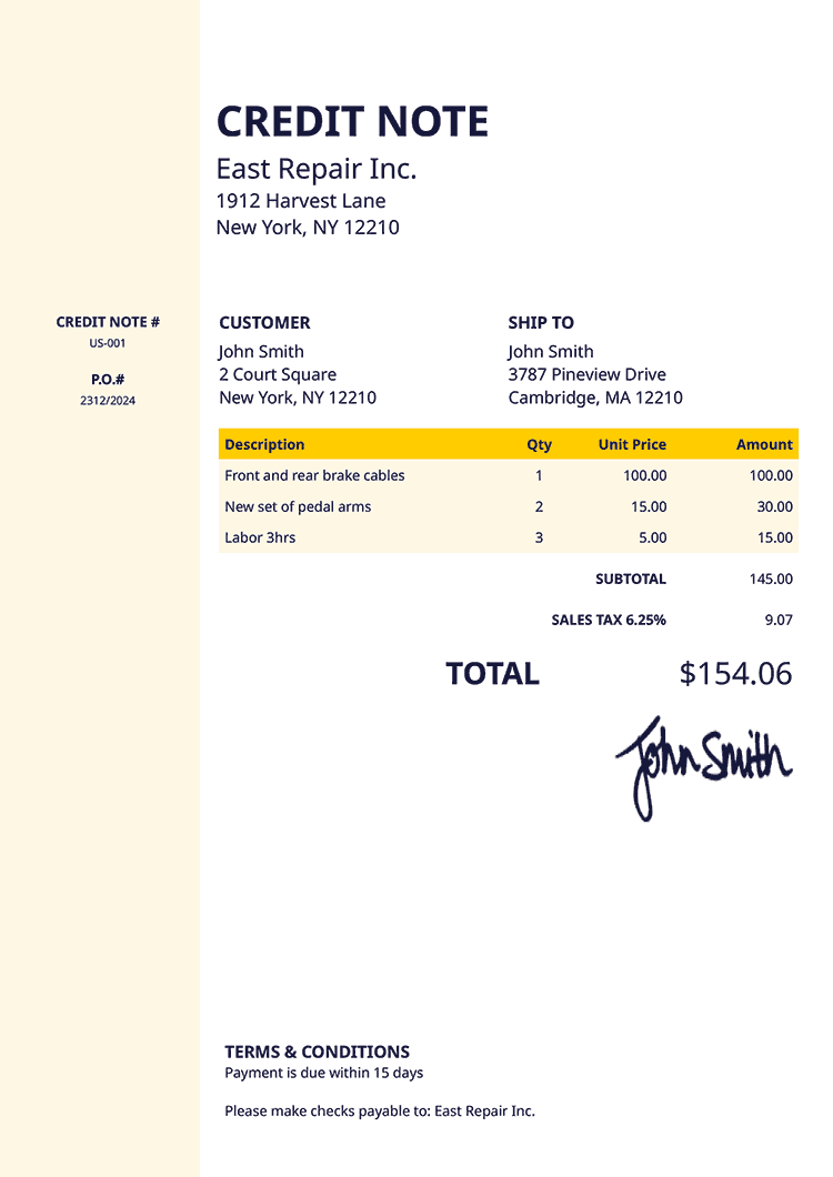 Credit Note Template Us Column Yellow 