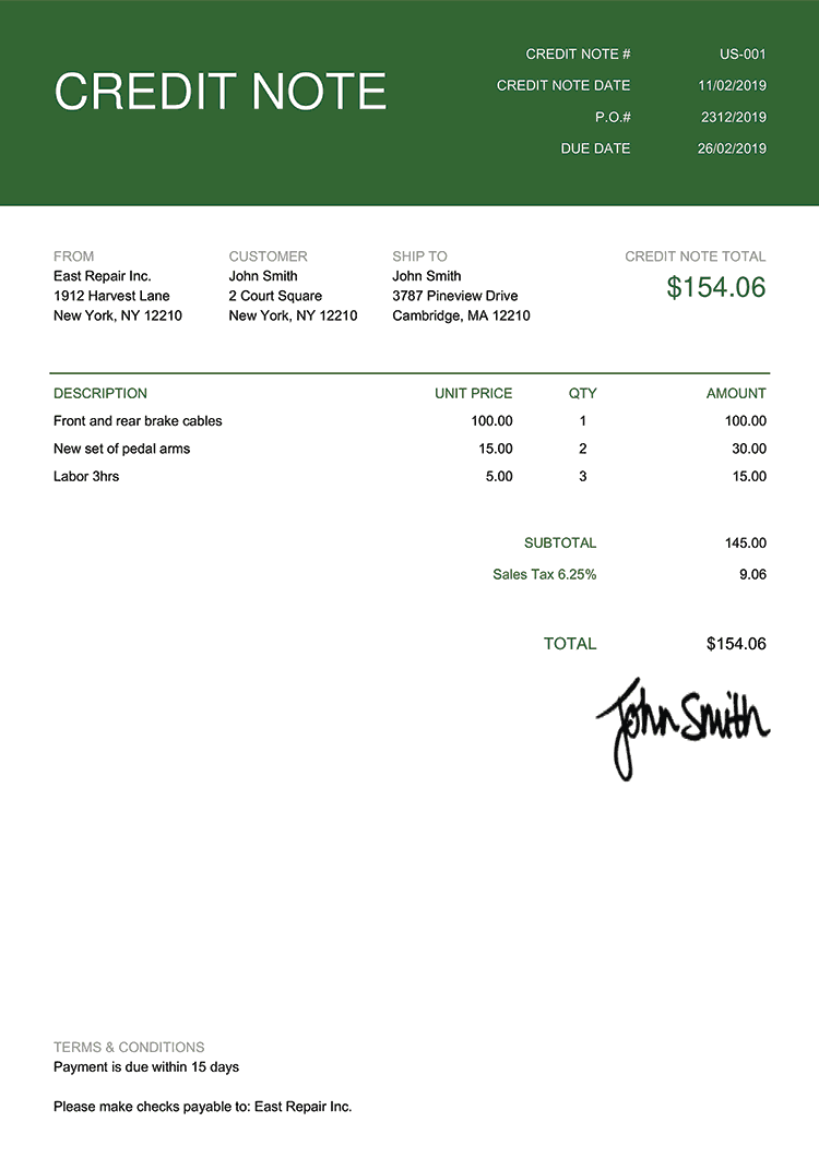 Credit Note Template Us Contemporary Green 