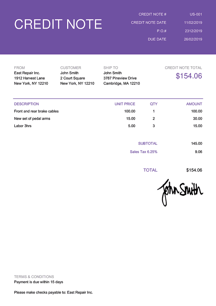 Credit Note Template Us Contemporary Purple 