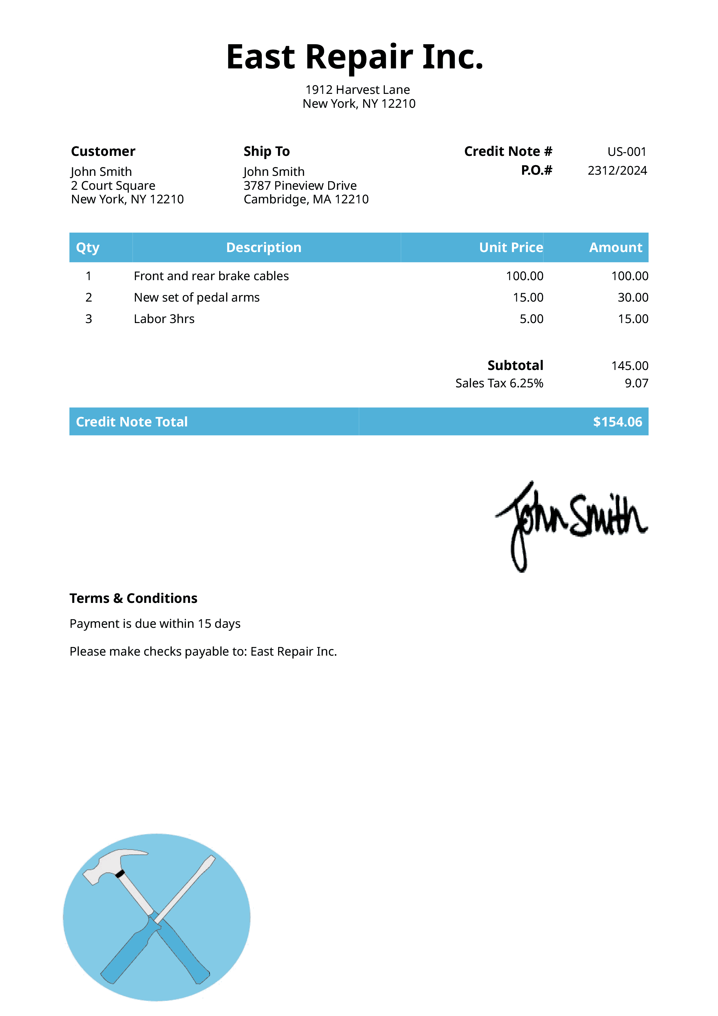 Credit Note Template Us Contractor Light Blue 