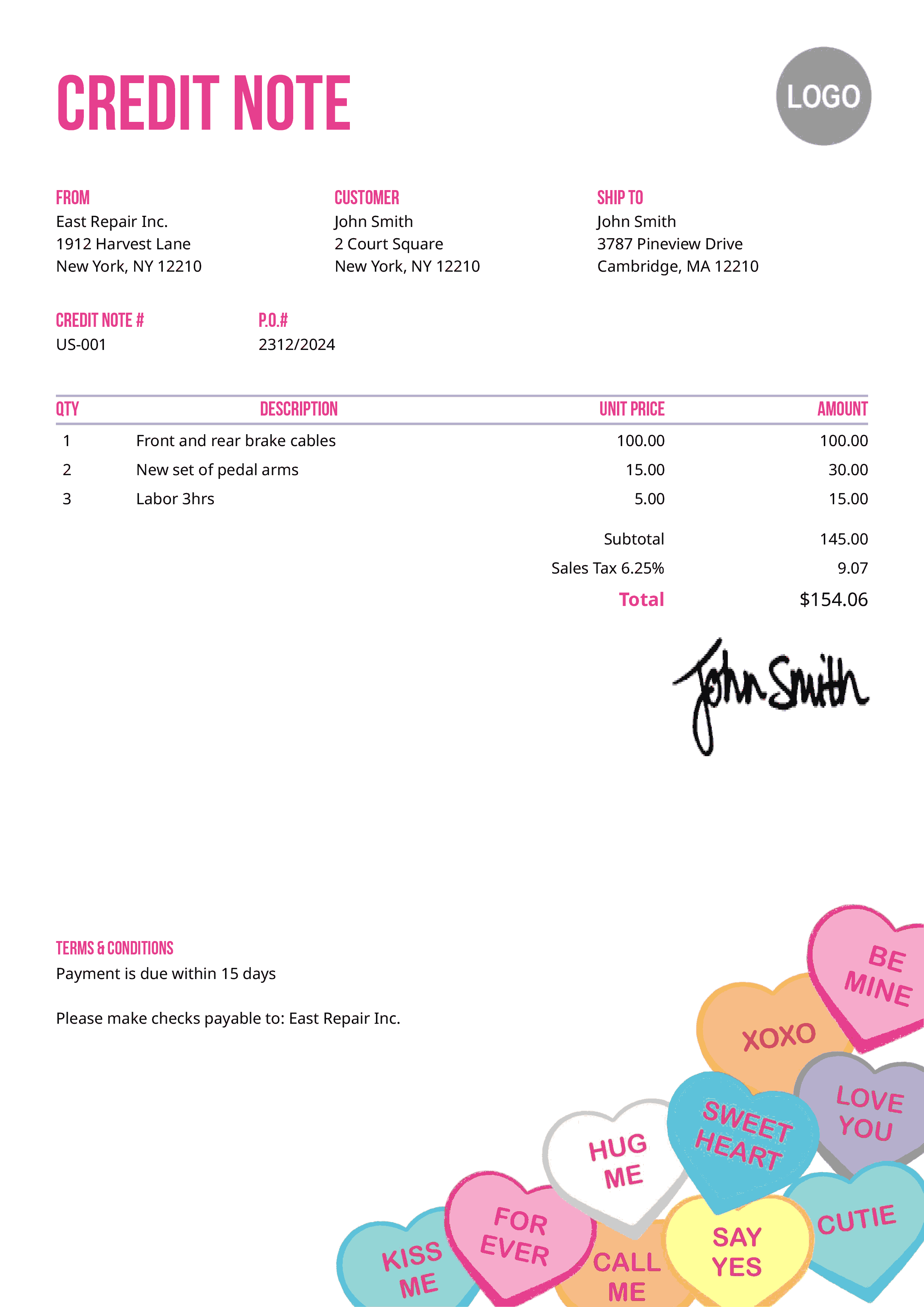 Credit Note Template Us Conversation Hearts 