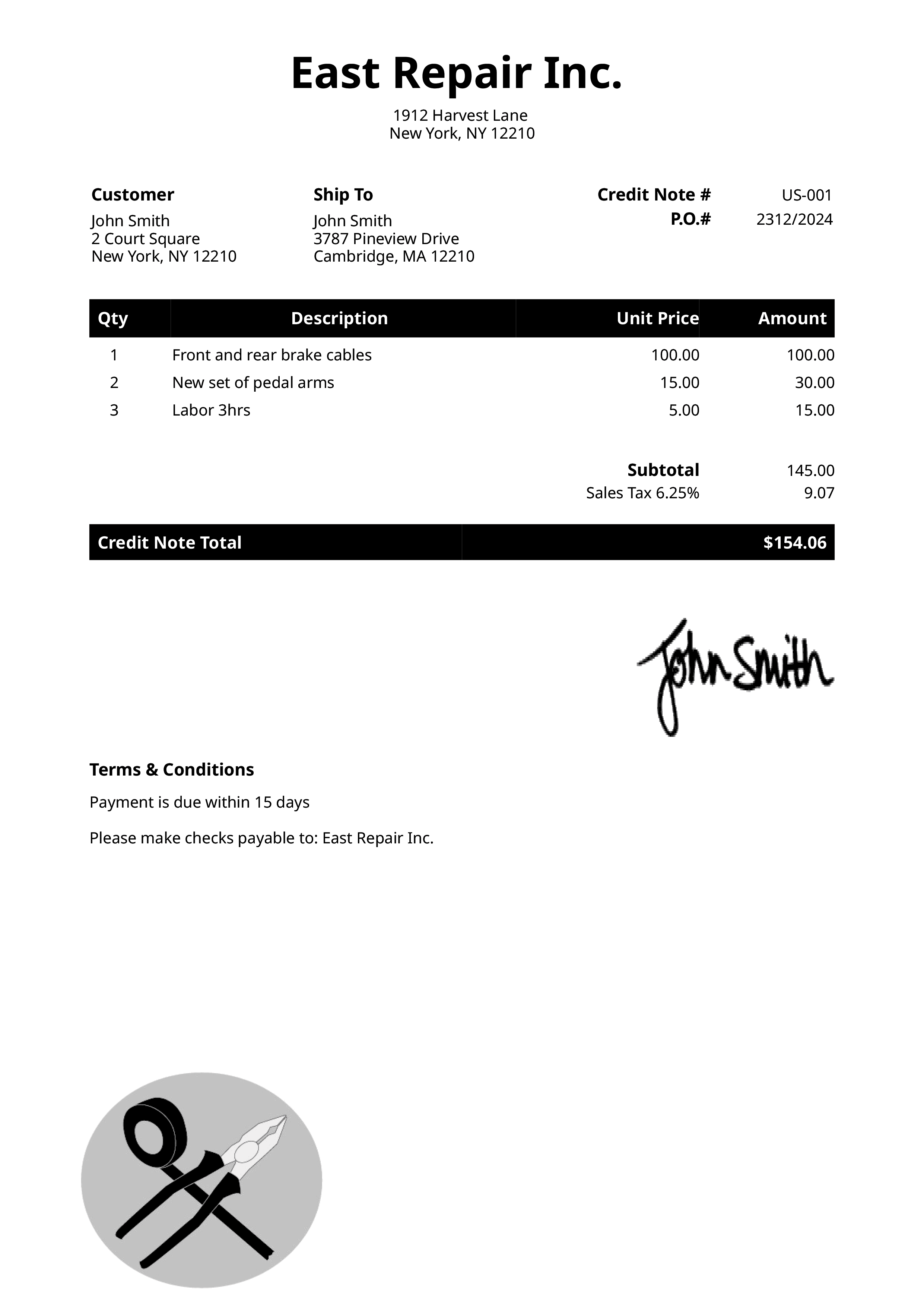 Credit Note Template Us Electrician Black 