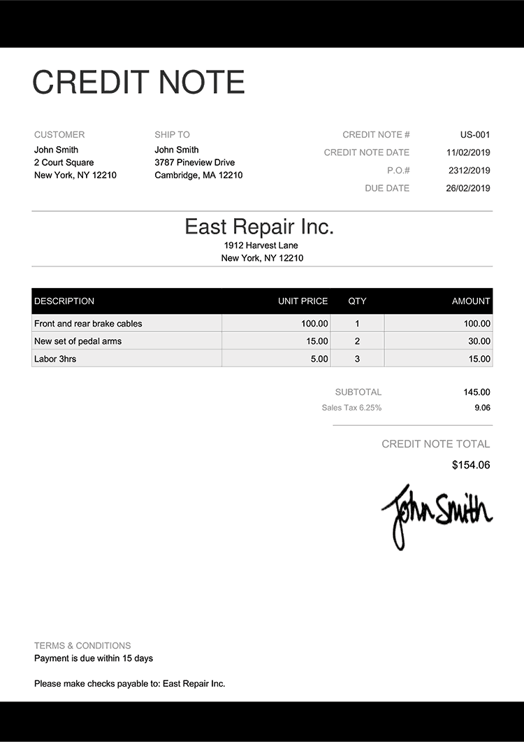 credit memo template excel