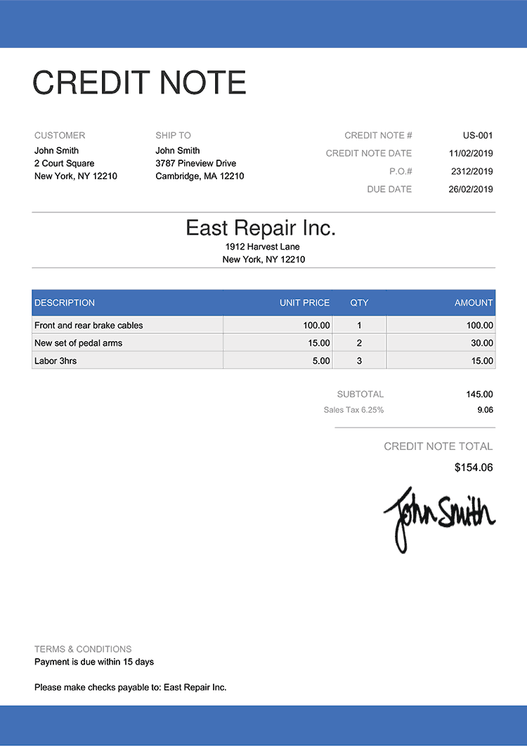 Credit Note Template Us Enterprise Blue 