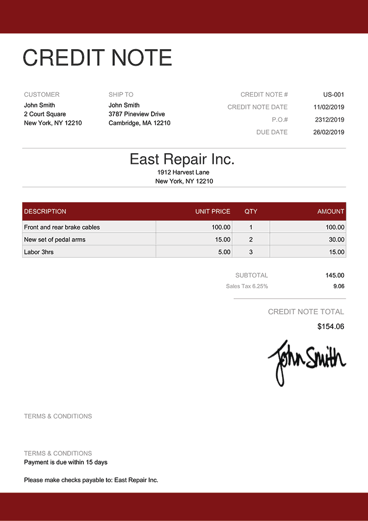 moon invoice credit notes