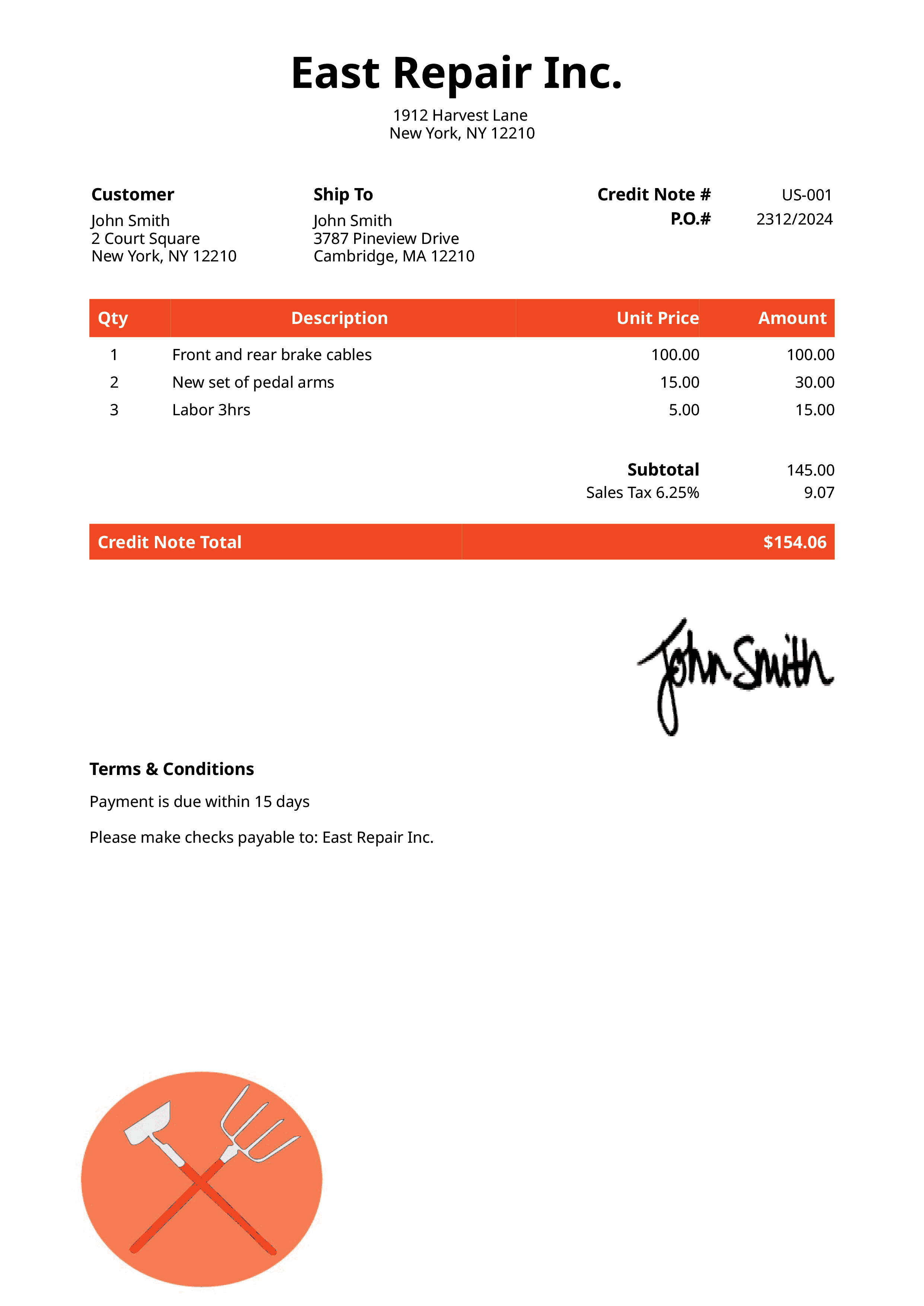 Credit Note Template Us Farmer Orange 