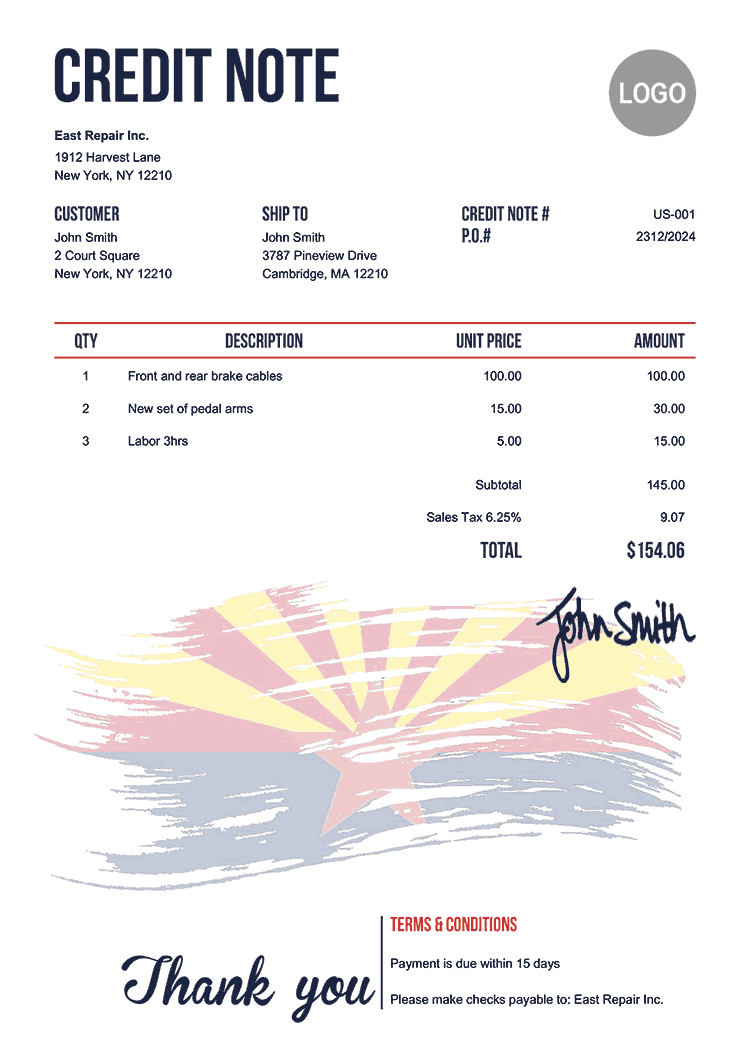 Credit Note Template Us Flag Of Arizona 