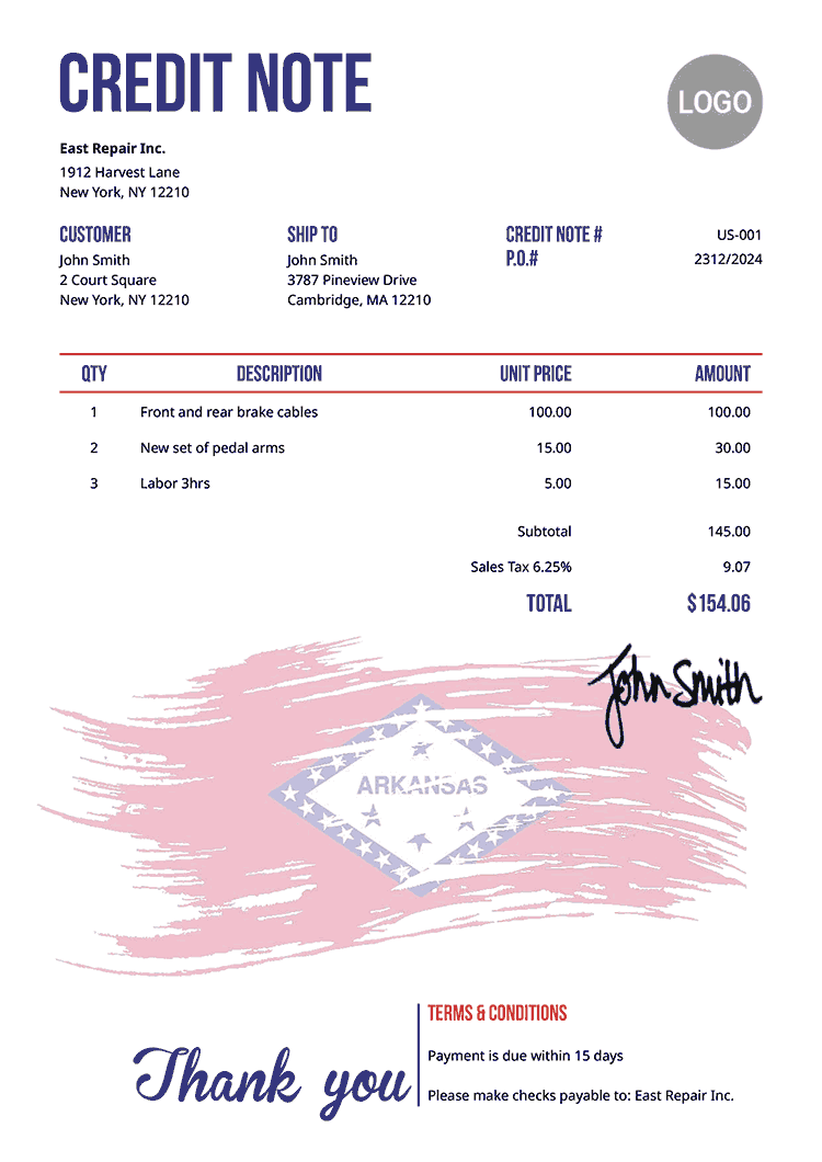 Credit Note Template Us Flag Of Arkansas 