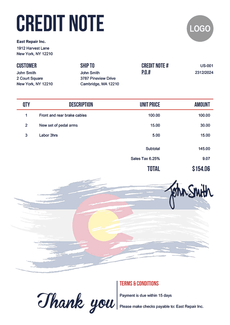 Credit Note Template Us Flag Of Colorado 