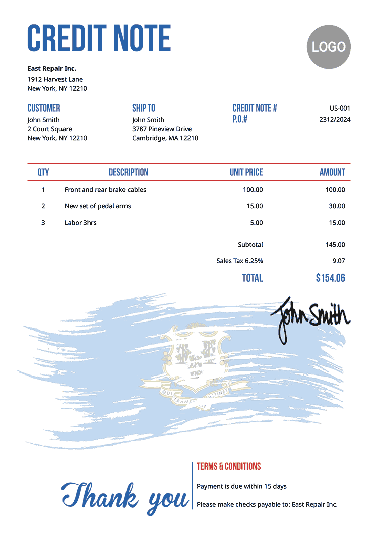 Credit Note Template Us Flag Of Connecticut 