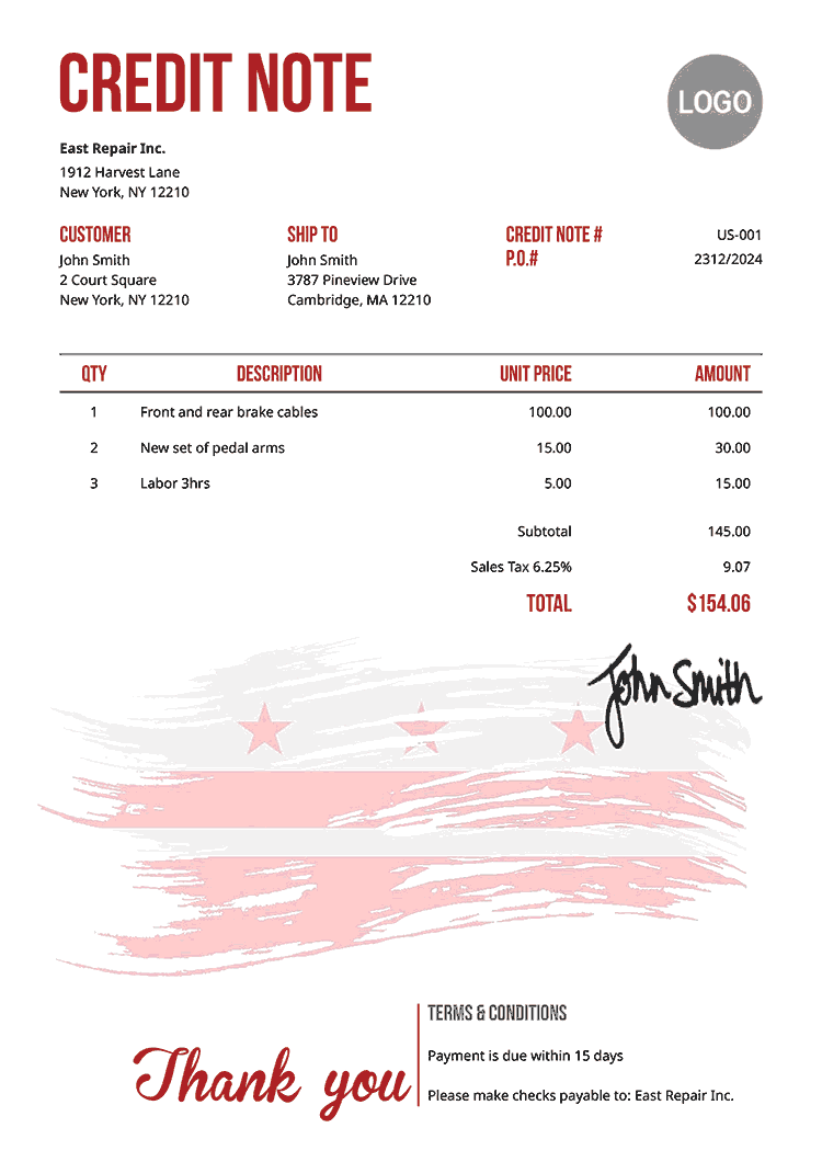 Credit Note Template Us Flag Of District Of Columbia 