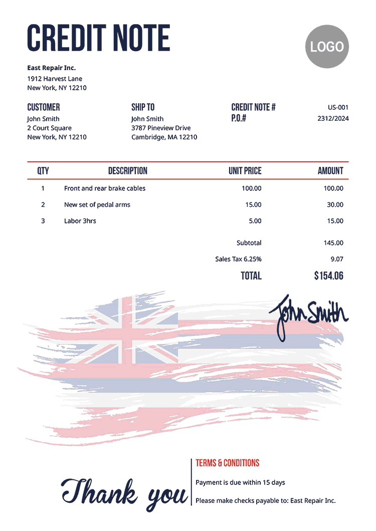 Credit Note Template Us Flag Of Hawaii 