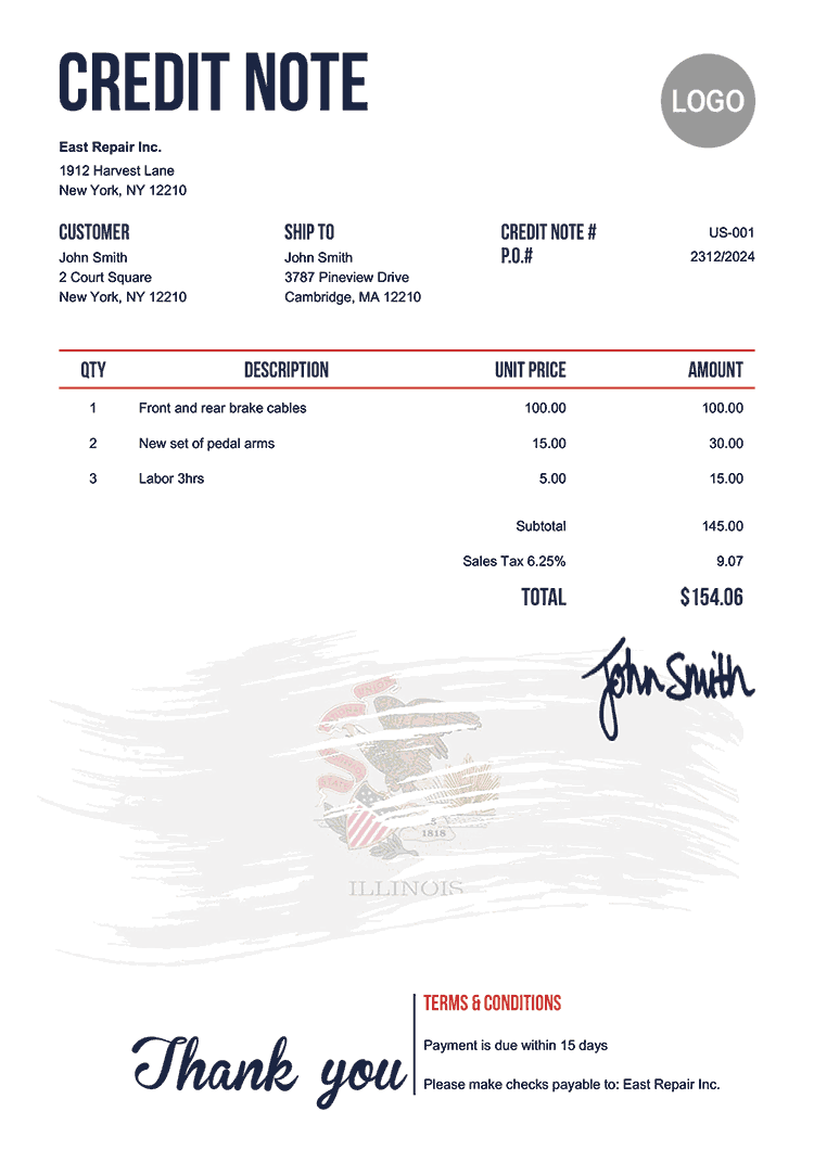 Credit Note Template Us Flag Of Illinois 