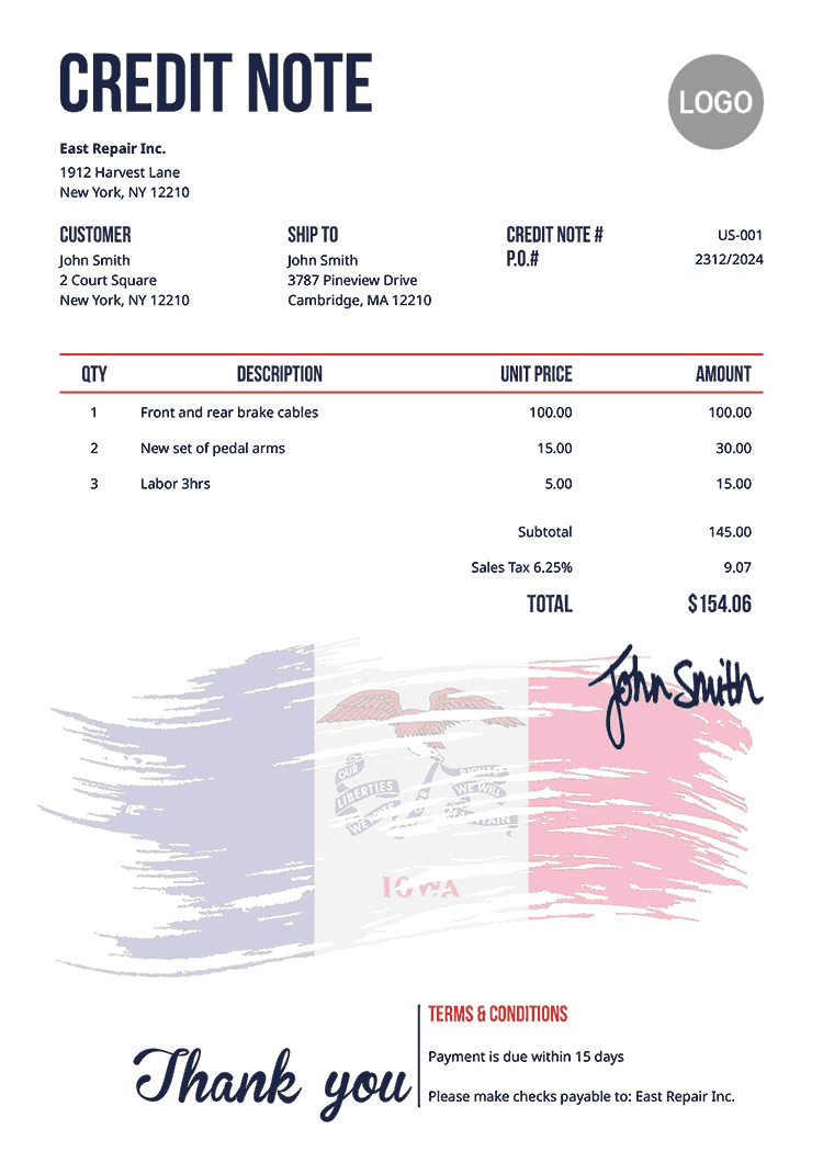 Credit Note Template Us Flag Of Iowa 