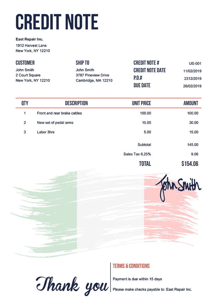 Credit Note Template Us Flag Of Italy 