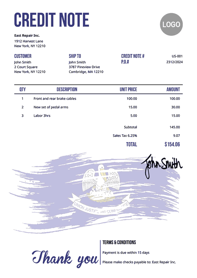 Credit Note Template Us Flag Of Louisiana 
